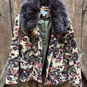 Women's Floral Jacket with Faux Fur Collar